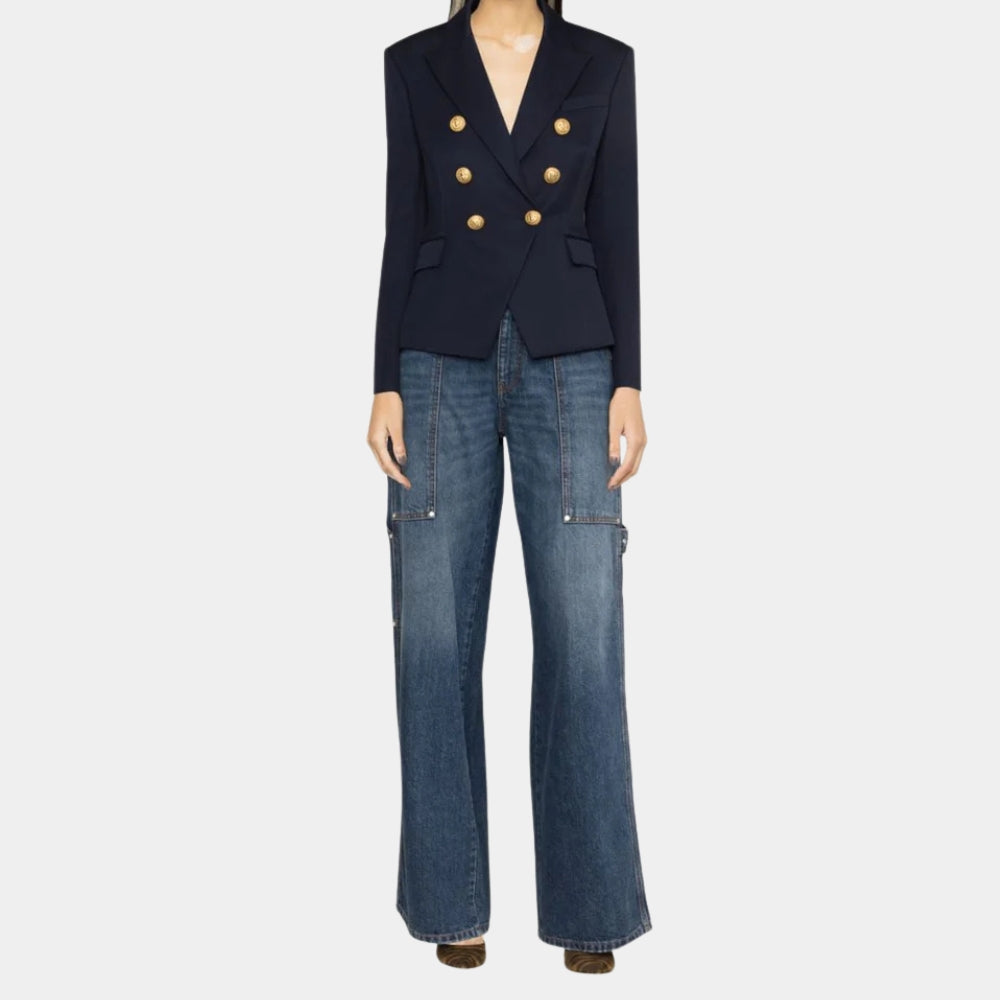 Formal Blazer Women's Blue Double Breasted Blazer -  Front Close - Up View