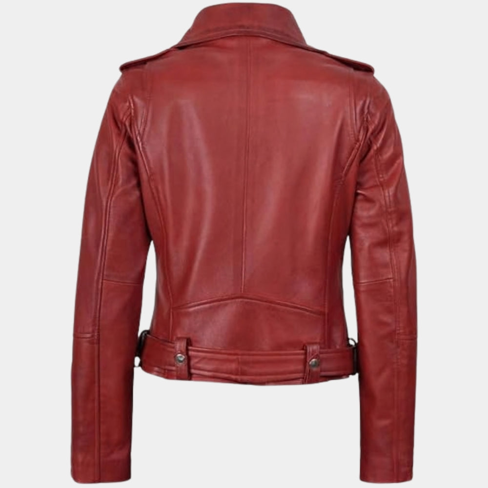 Freaky  Millie Kessler Red Biker Style Leather Jacket - Mannequin Back View