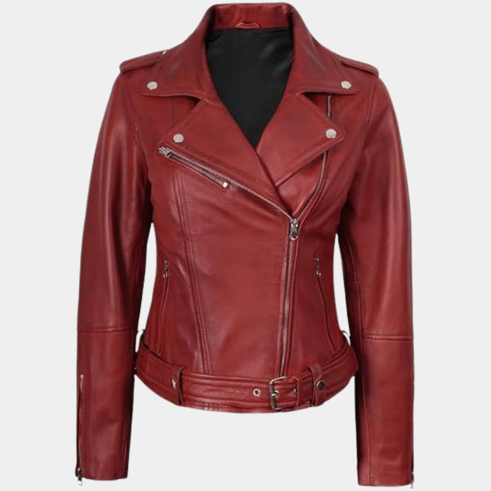 Freaky  Millie Kessler Red Biker Style Leather Jacket - Mannequin Front View