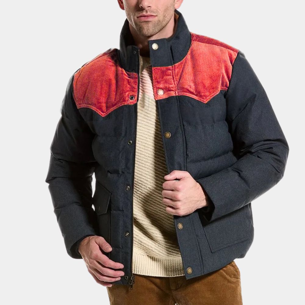 Friendship Paul Rudd aka Brian Red and Blue Puffer Jacket - Front View