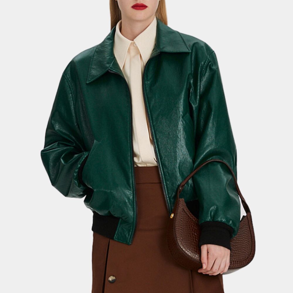 GRASSE 70s Style Vintage Leather Bomber Jacket - Character Front View