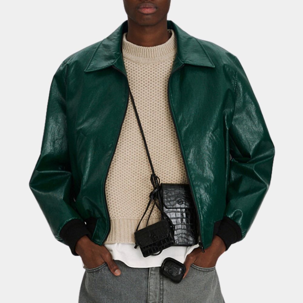 GRASSE 70s Style Vintage Leather Bomber Jacket - Front Posture View