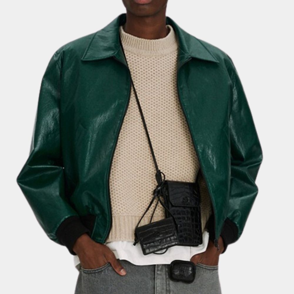 GRASSE 70s Style Vintage Leather Bomber Jacket - Front View