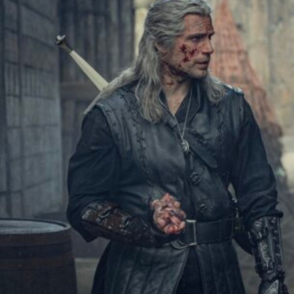 Geralt of Rivia Medieval Style Black Leather Long Vest - Character Front View