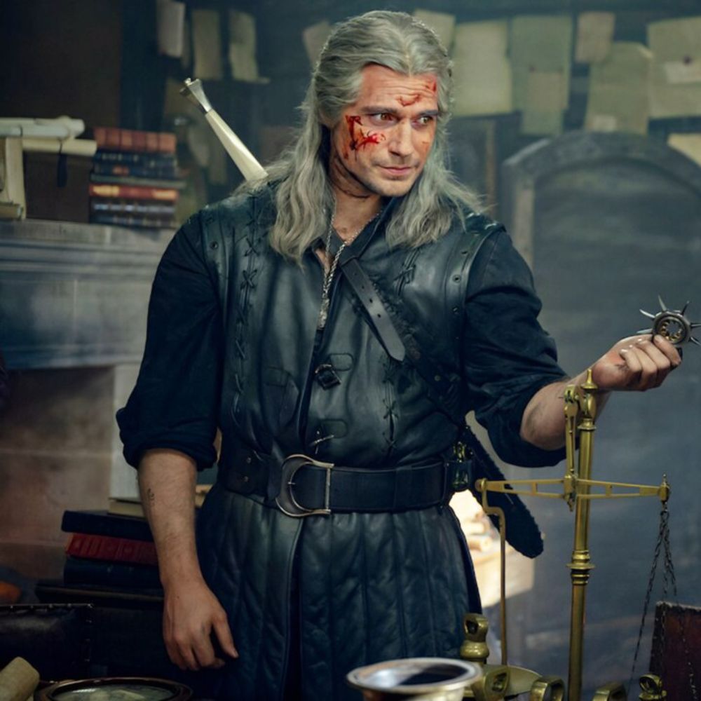 Geralt of Rivia Medieval Style Black Leather Long Vest - Front View