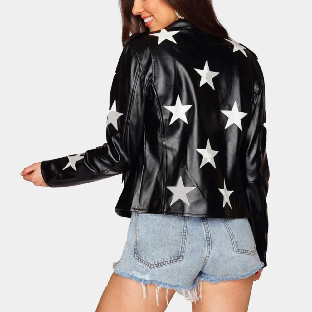 Gina Porter High School Musical S04 Black Starry Leather Biker Jacket - Back View