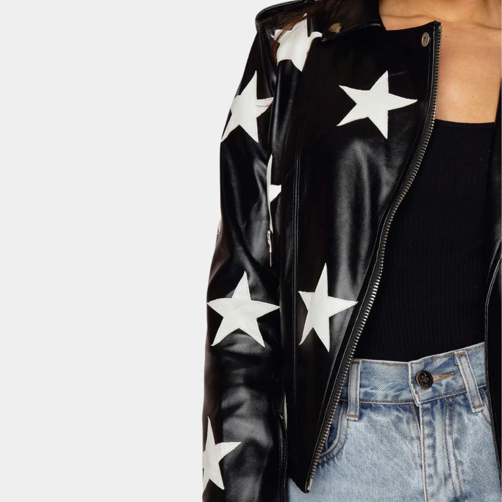 Gina Porter High School Musical S04 Black Starry Leather Biker Jacket - Front Close - Up View