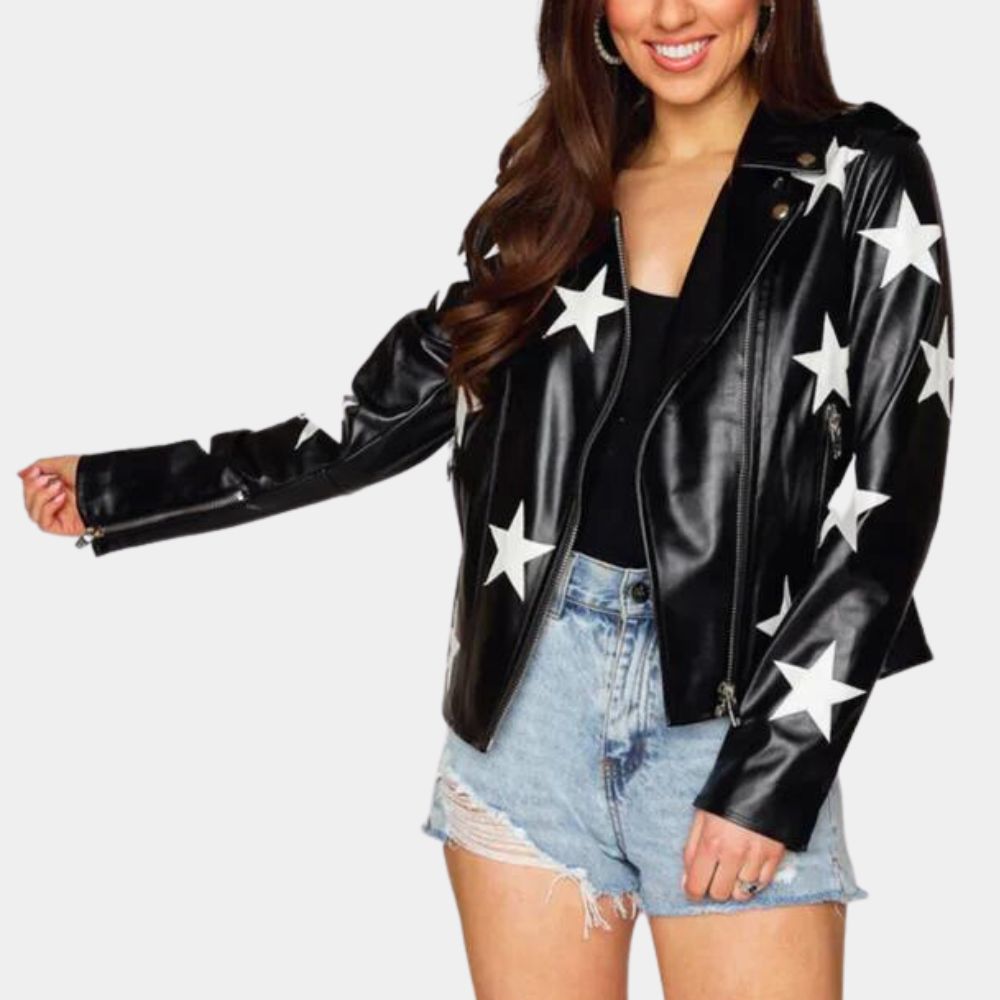 Gina Porter High School Musical S04 Black Starry Leather Biker Jacket - Front Posture Close - Up View
