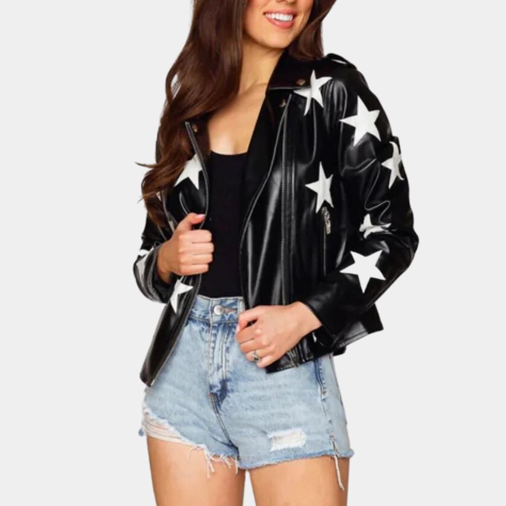 Gina Porter High School Musical S04 Black Starry Leather Biker Jacket - Front Posture View