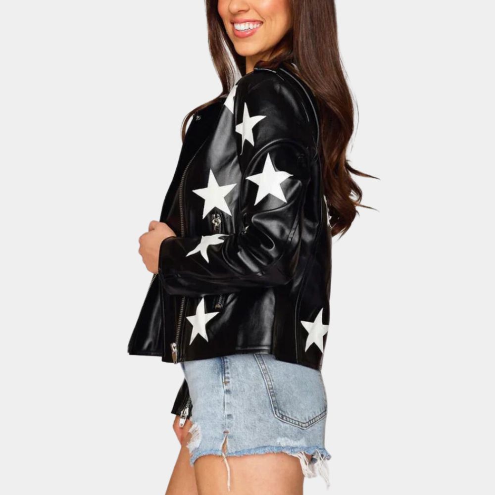 Gina Porter High School Musical S04 Black Starry Leather Biker Jacket - Side View