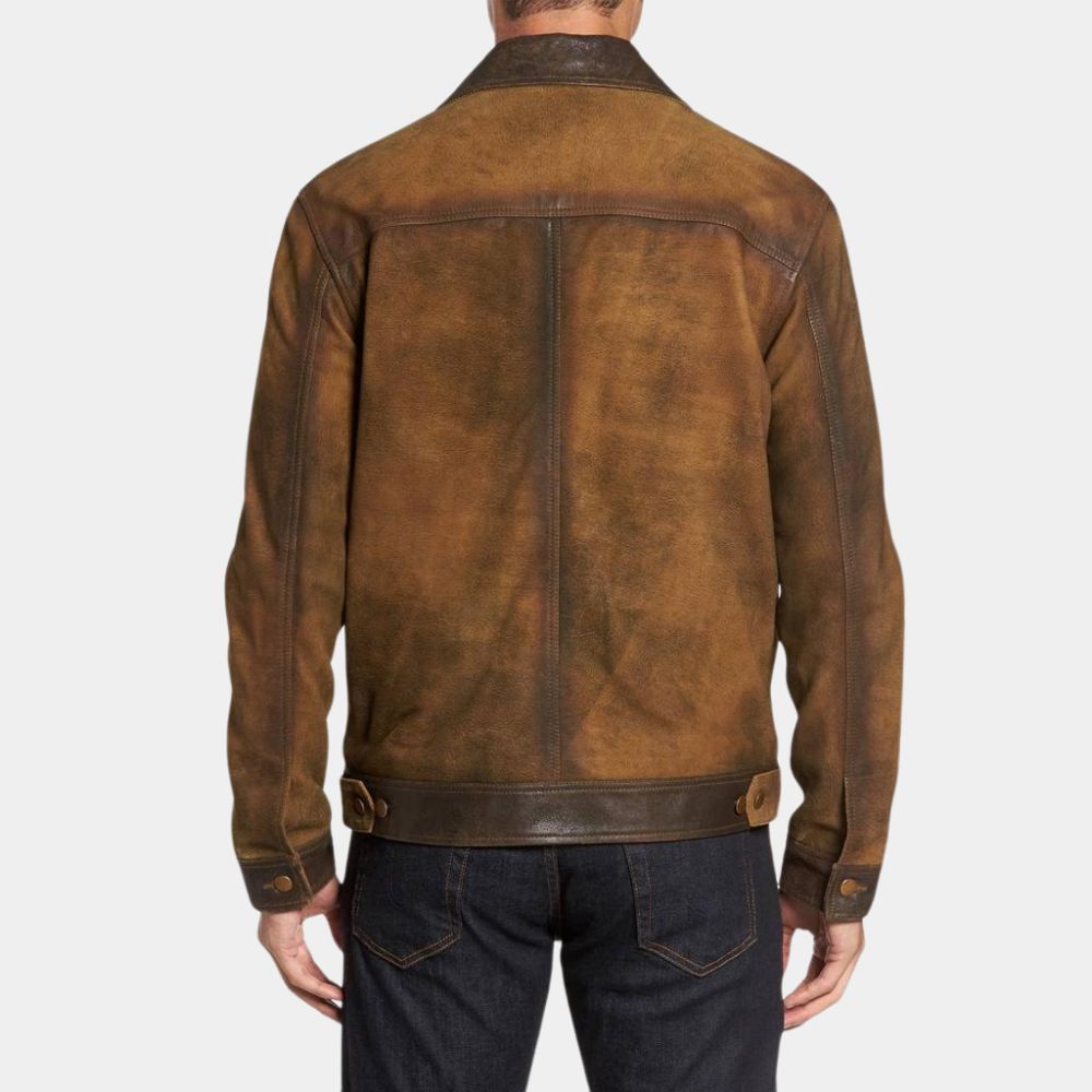Glen Powell Tan Suede Leather Trucker Style Jacket - Back View