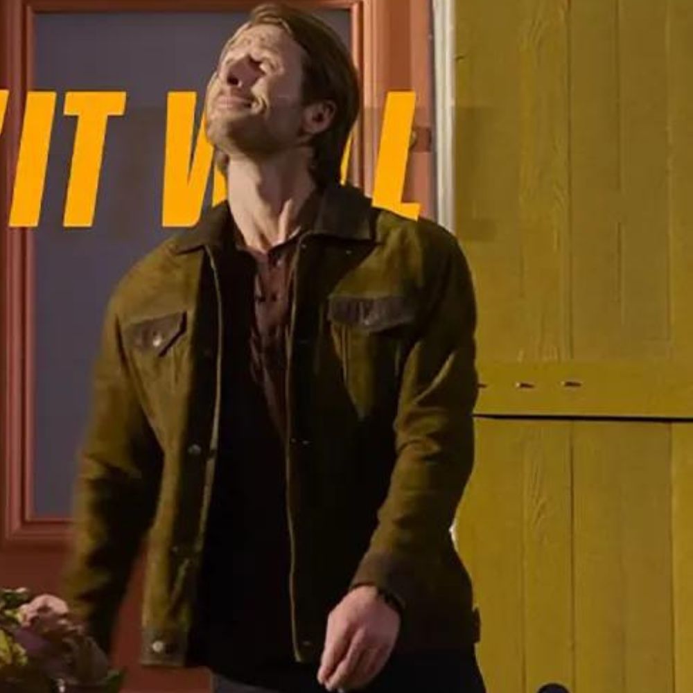 Glen Powell Tan Suede Leather Trucker Style Jacket - Character Front View