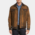 Glen Powell Tan Suede Leather Trucker Style Jacket - Front View