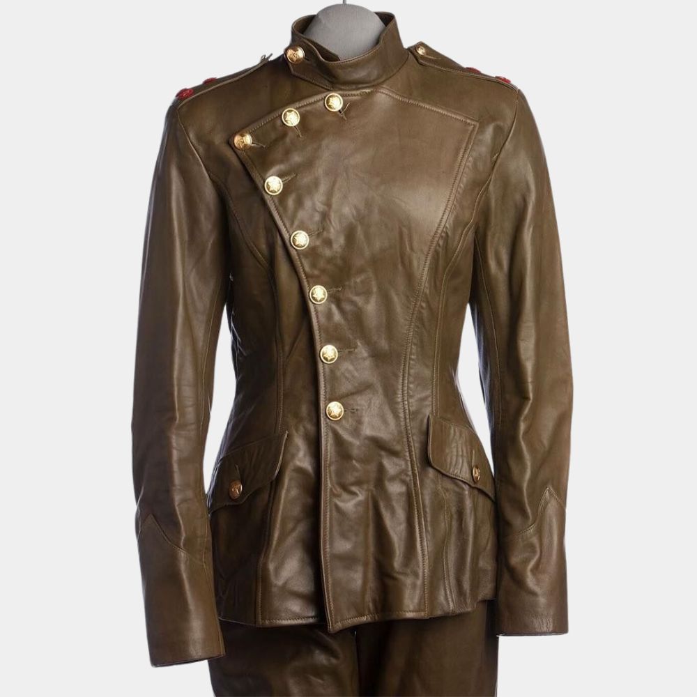 GoldenEye Famke Janssen Xenia Onatopp Military Uniform Brown Leather Jacket - Mannequin Front View