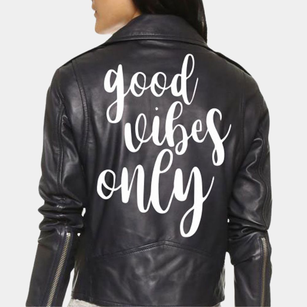 Good Vibes Only Premium UV Printed Leather Biker Leather Jacket - Back Close - Up View
