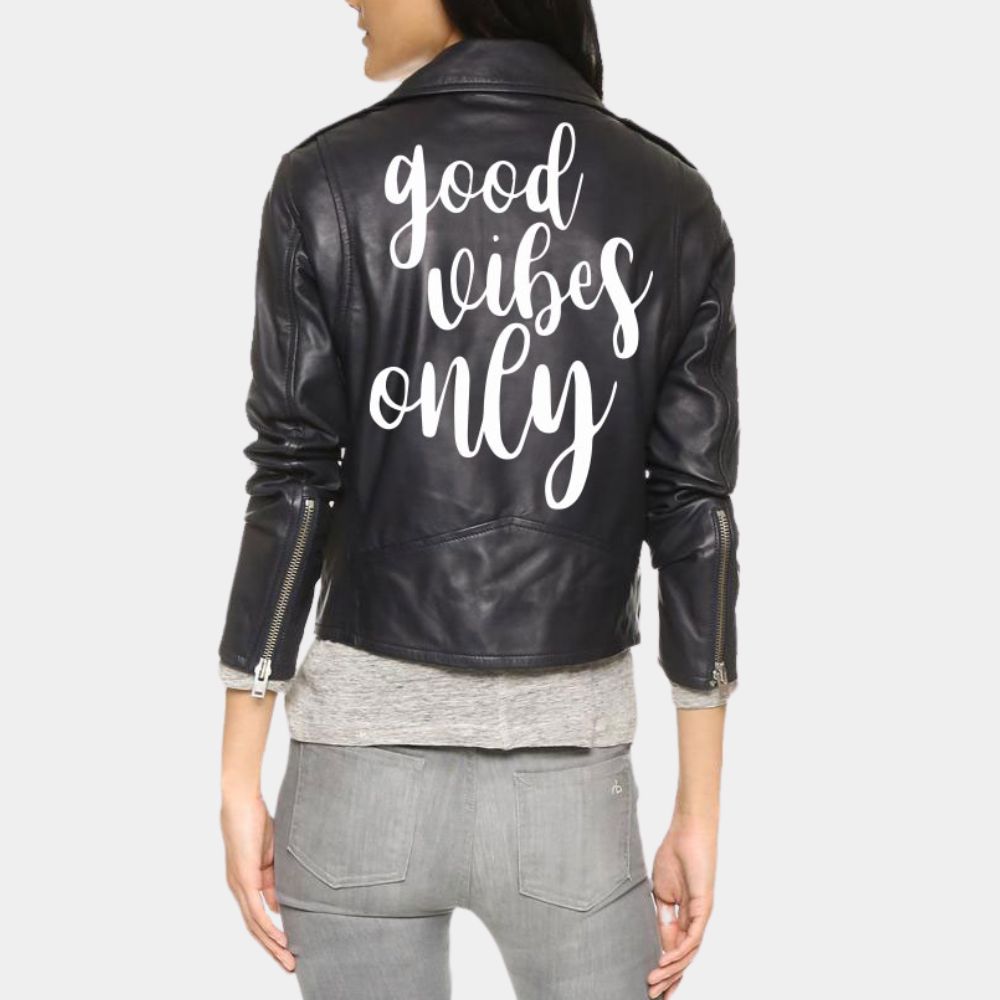 Good Vibes Only Premium UV Printed Leather Biker Leather Jacket - Back View