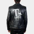 Grease Danny Classic Leather Biker Jacket with Printed T Birds on Back - Back View