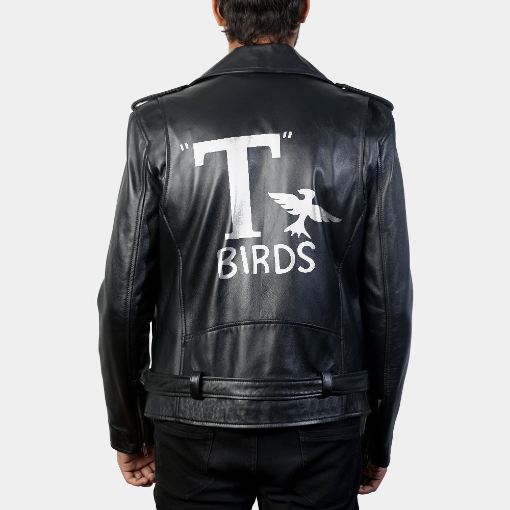 Grease Danny Classic Leather Biker Jacket with Printed T Birds on Back - Back View