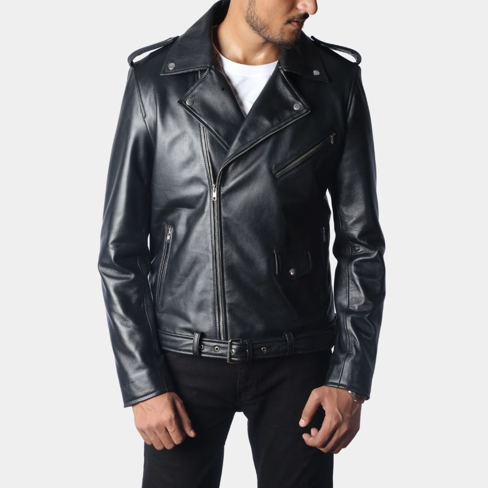 Grease Danny Classic Leather Biker Jacket with Printed T Birds on Back - Front View
