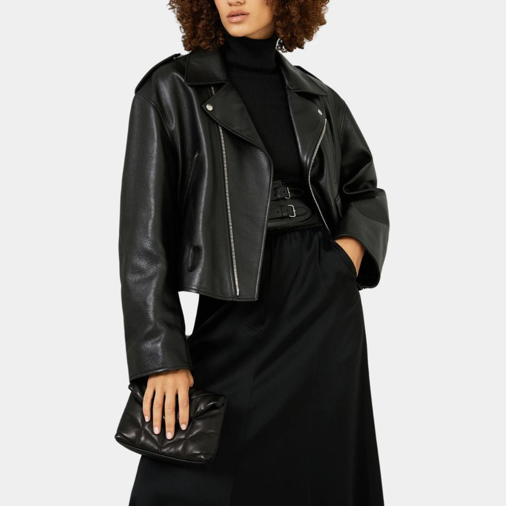 Grease Olivia Newton-John aka Sandy Leather Biker Jacket in Black Color - Front Posture View