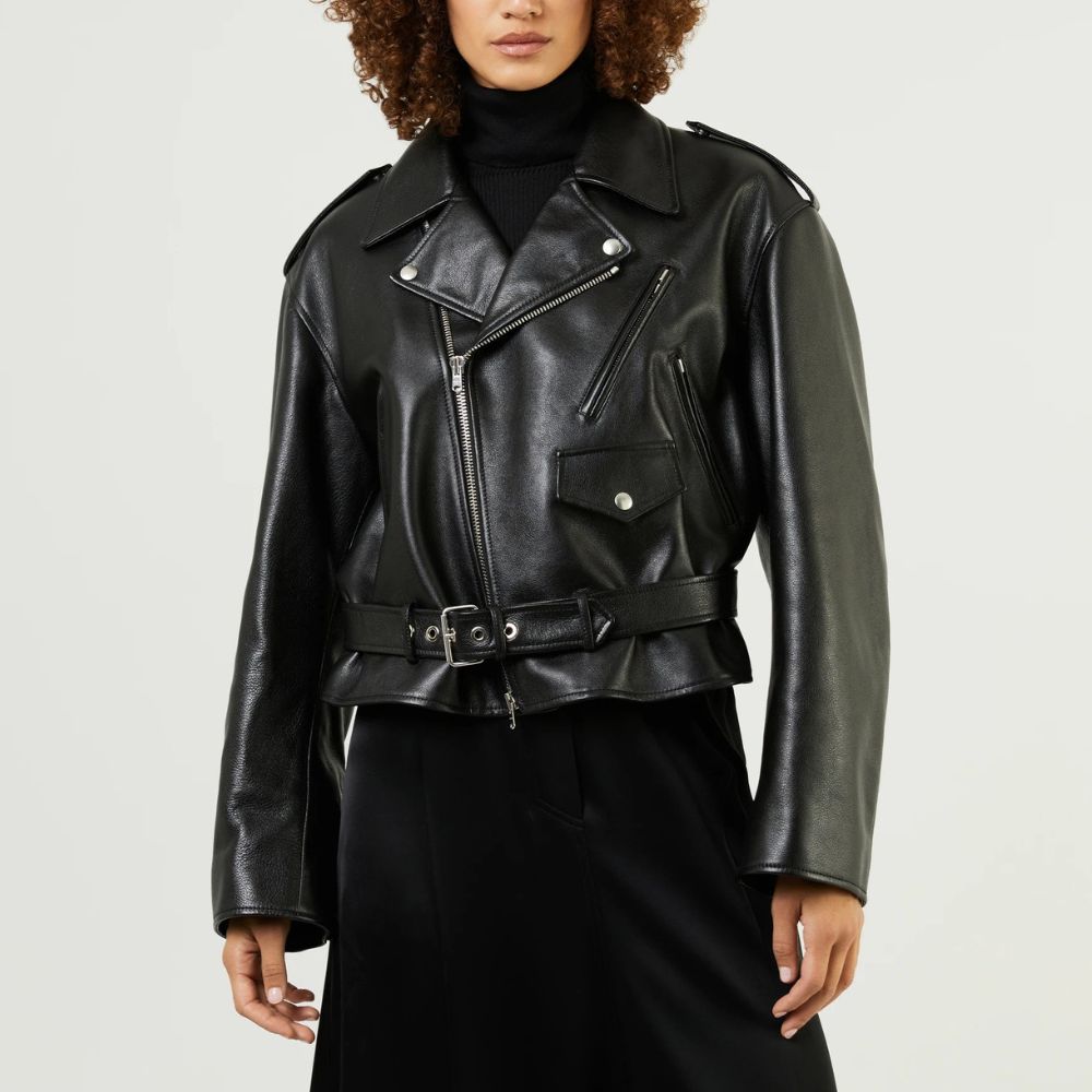 Grease Olivia Newton-John aka Sandy Leather Biker Jacket in Black Color - Front View