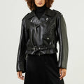 Grease Olivia Newton-John aka Sandy Leather Biker Jacket in Black Color - Front View