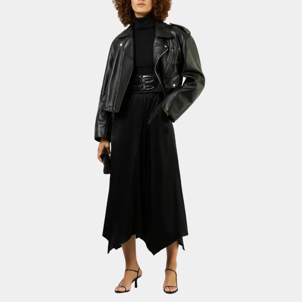 Grease Olivia Newton-John aka Sandy Leather Biker Jacket in Black Color - Posture Front View