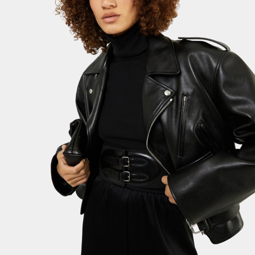 Grease Olivia Newton-John aka Sandy Leather Biker Jacket in Black Color - Side Posture View