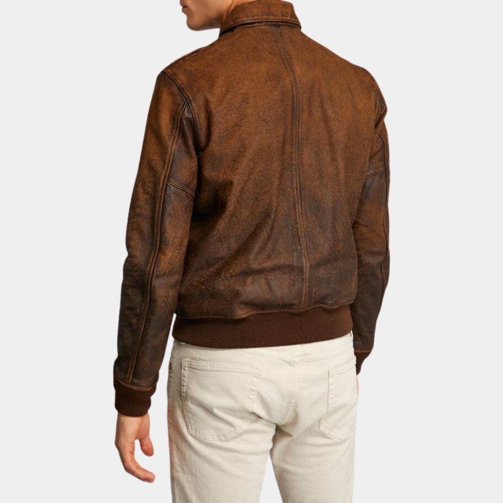 Gus's Distressed Brown Leather Bomber Jacket - Back View