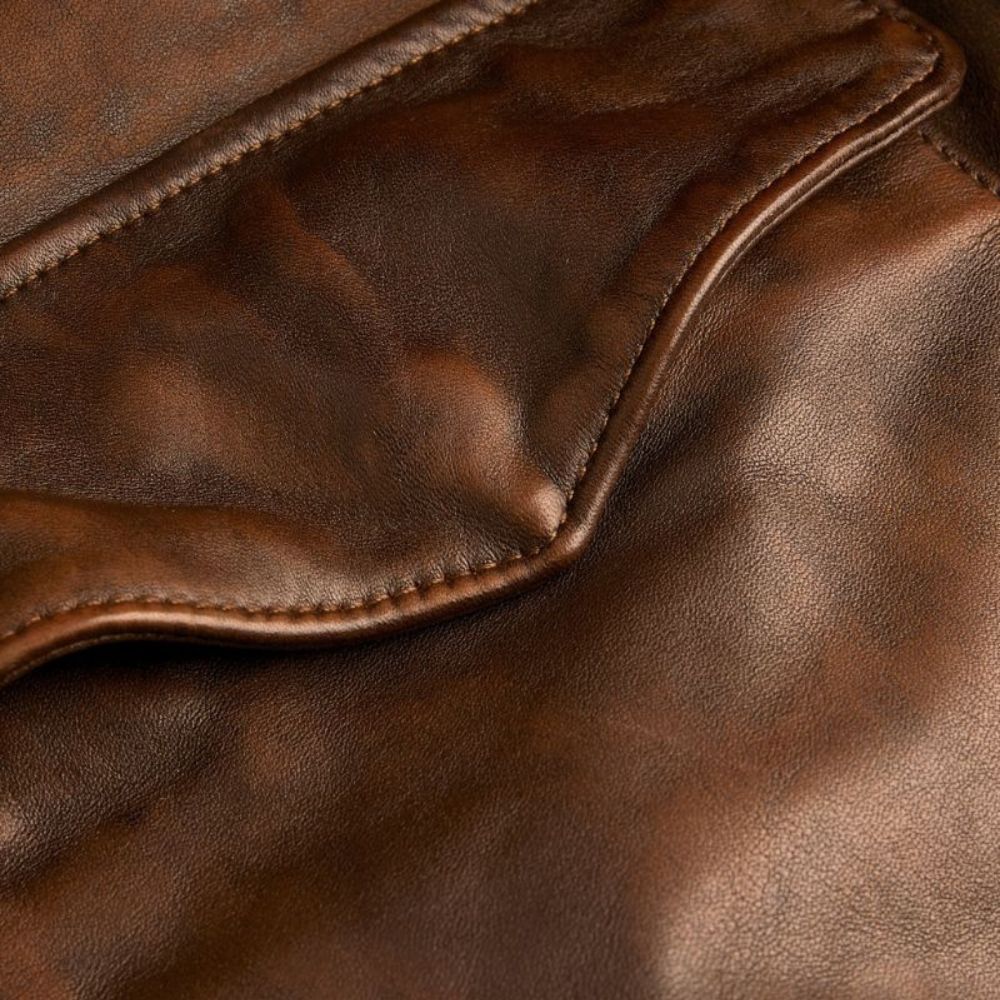 Gus's Distressed Brown Leather Bomber Jacket - Flap Pocket View