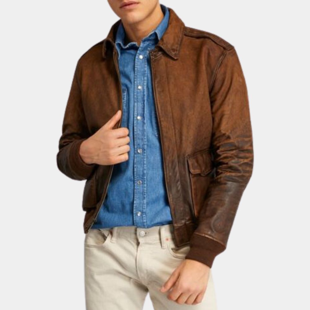 Gus's Distressed Brown Leather Bomber Jacket - Front Posture View