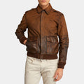 Gus's Distressed Brown Leather Bomber Jacket - Front View