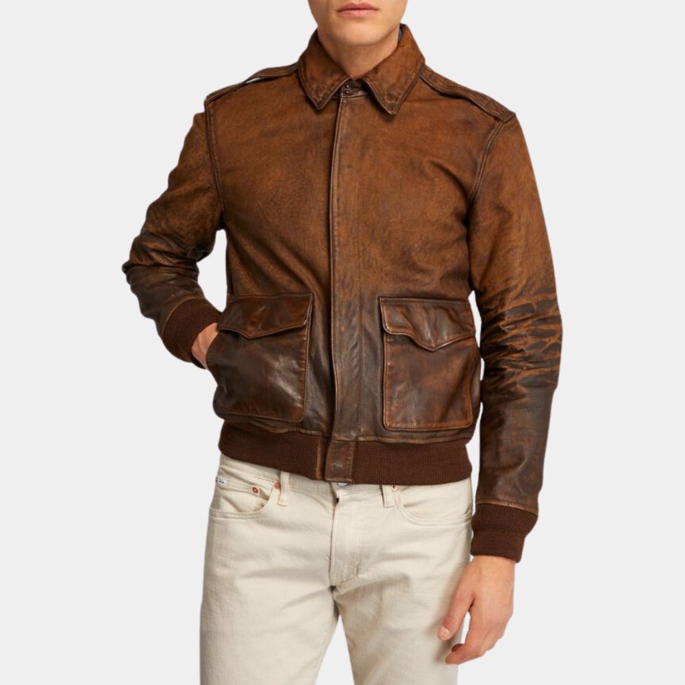 Gus's Distressed Brown Leather Bomber Jacket - Front View