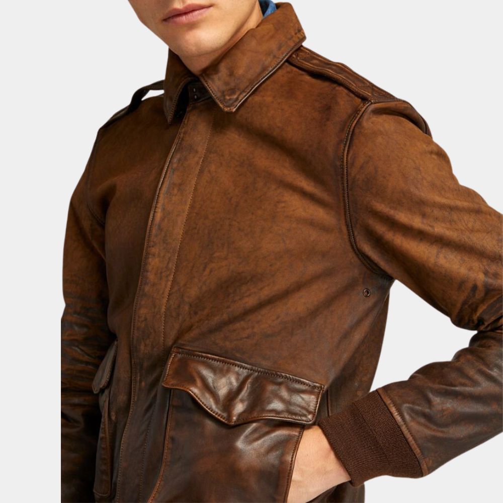 Gus's Distressed Brown Leather Bomber Jacket - Side Close - Up View