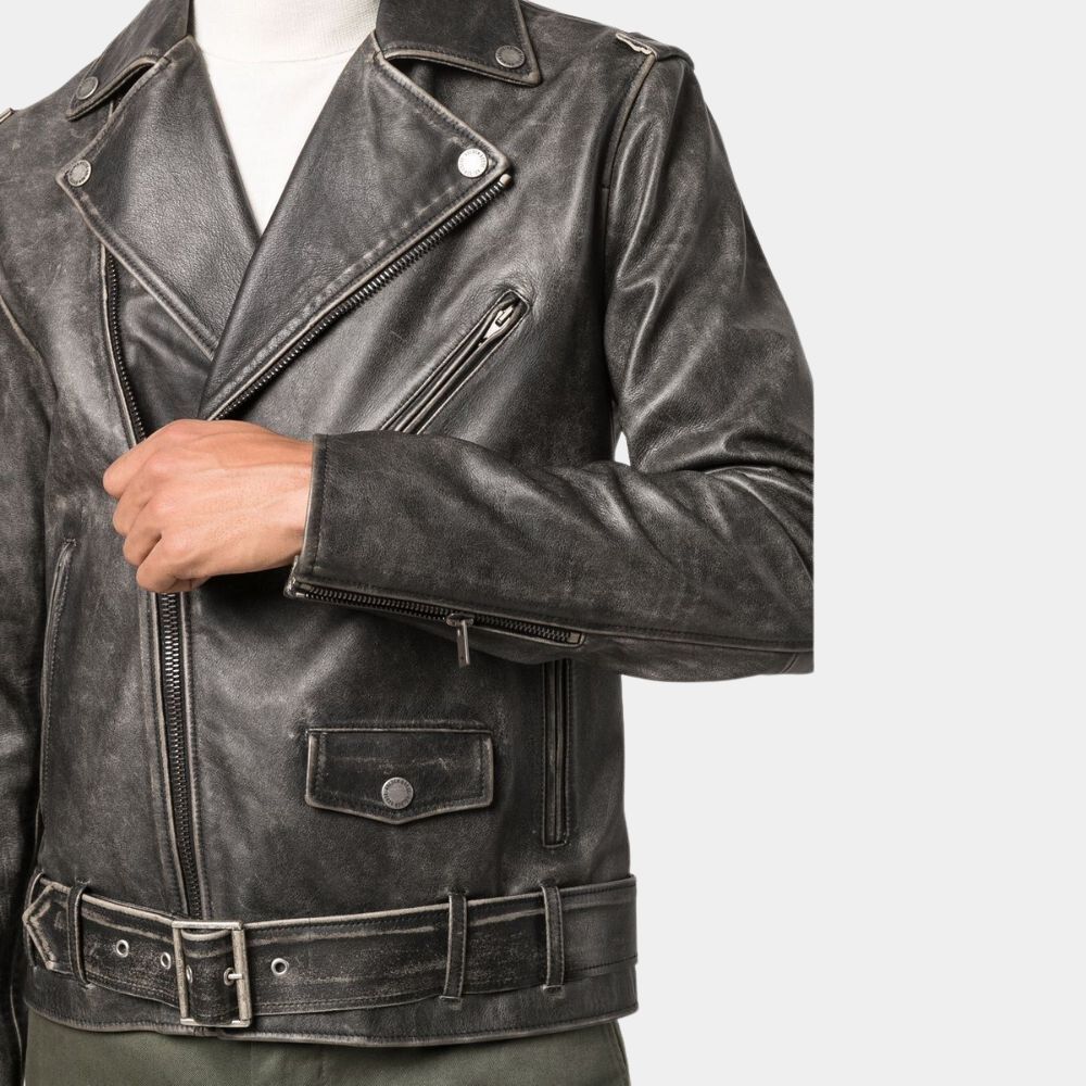 Guy Pearce Distressed Black Leather Jacket - Front Posture View