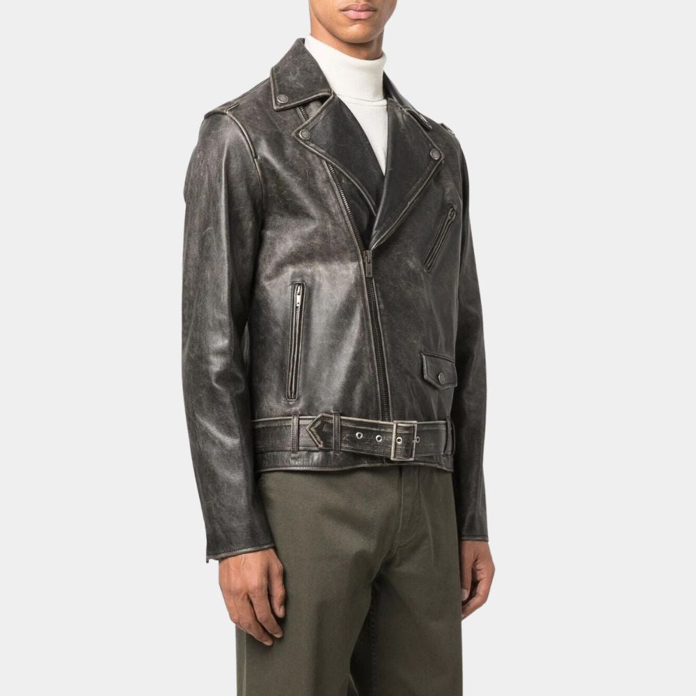 Guy Pearce Distressed Black Leather Jacket - Side View