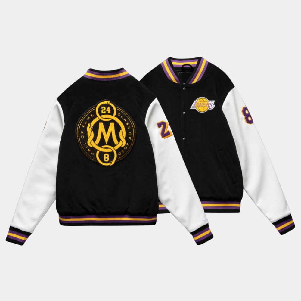Hall of Fame  Kobe Bryant Black and White Varsity Jacket with Wool and Leather Sleeves - Logo View