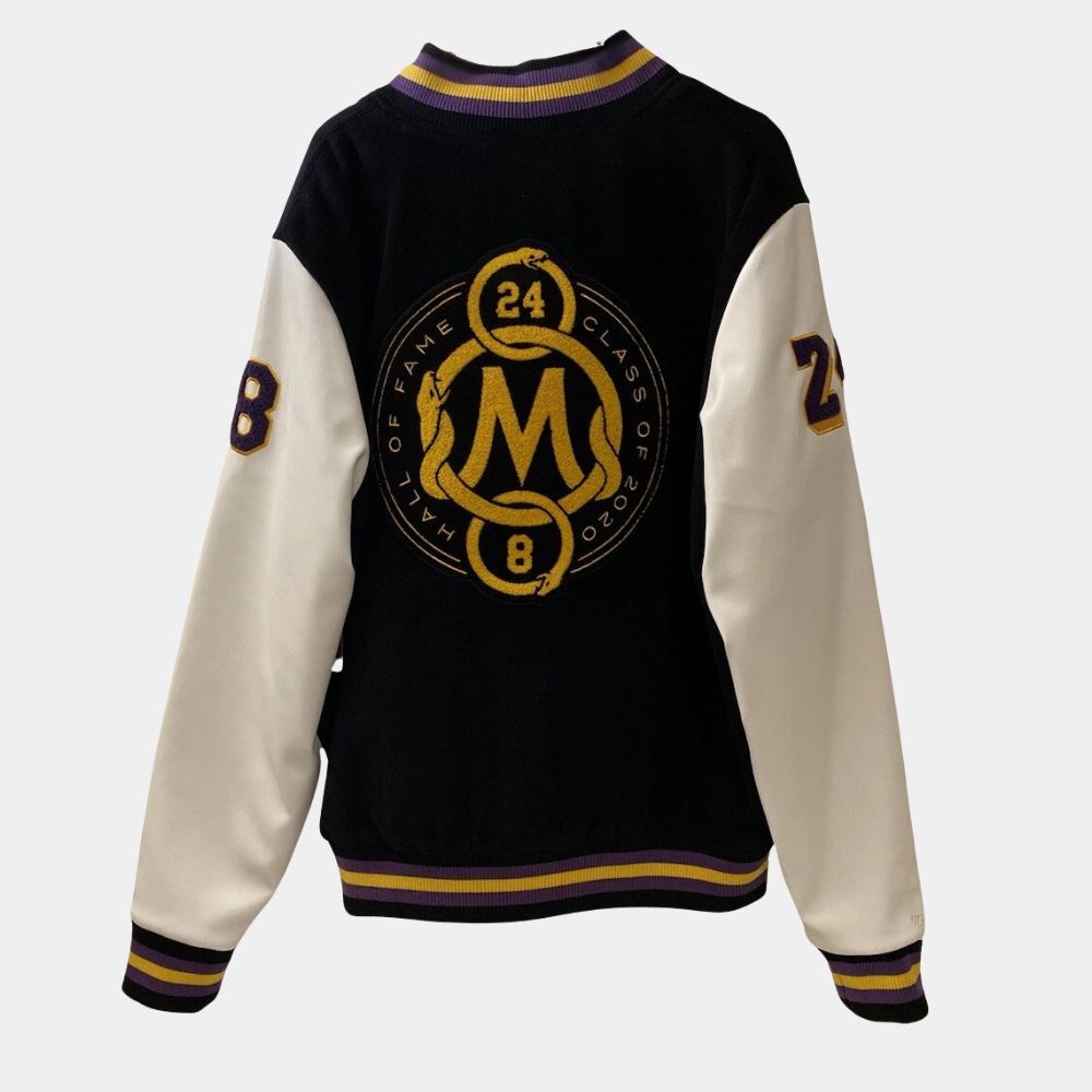 Hall of Fame  Kobe Bryant Black and White Varsity Jacket with Wool and Leather Sleeves - Mannequin Back View