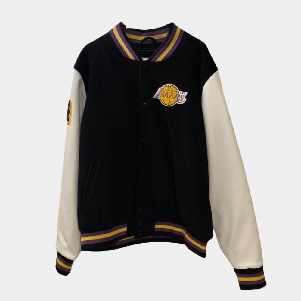 Hall of Fame  Kobe Bryant Black and White Varsity Jacket with Wool and Leather Sleeves - Mannequin Front View