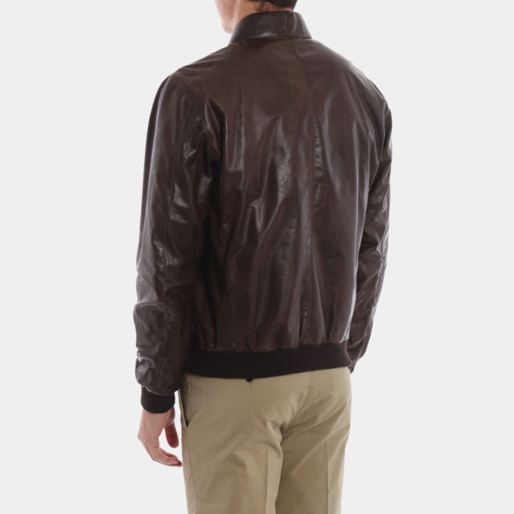 Happy Days Fonzie Tan Bomber Style Leather JacketHappy Days Fonzie Tan Bomber Style Leather Jacket - Back View