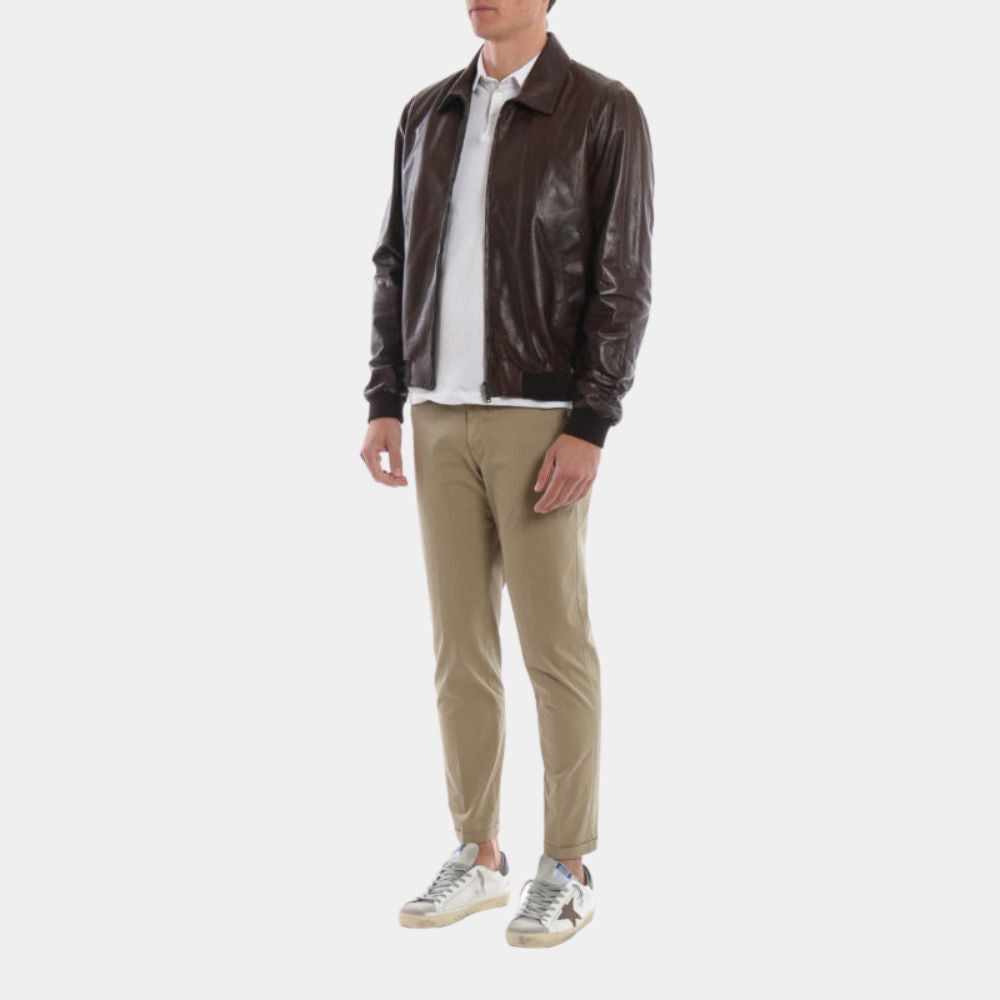 Happy Days Fonzie Tan Bomber Style Leather JacketHappy Days Fonzie Tan Bomber Style Leather Jacket - Front Posture View