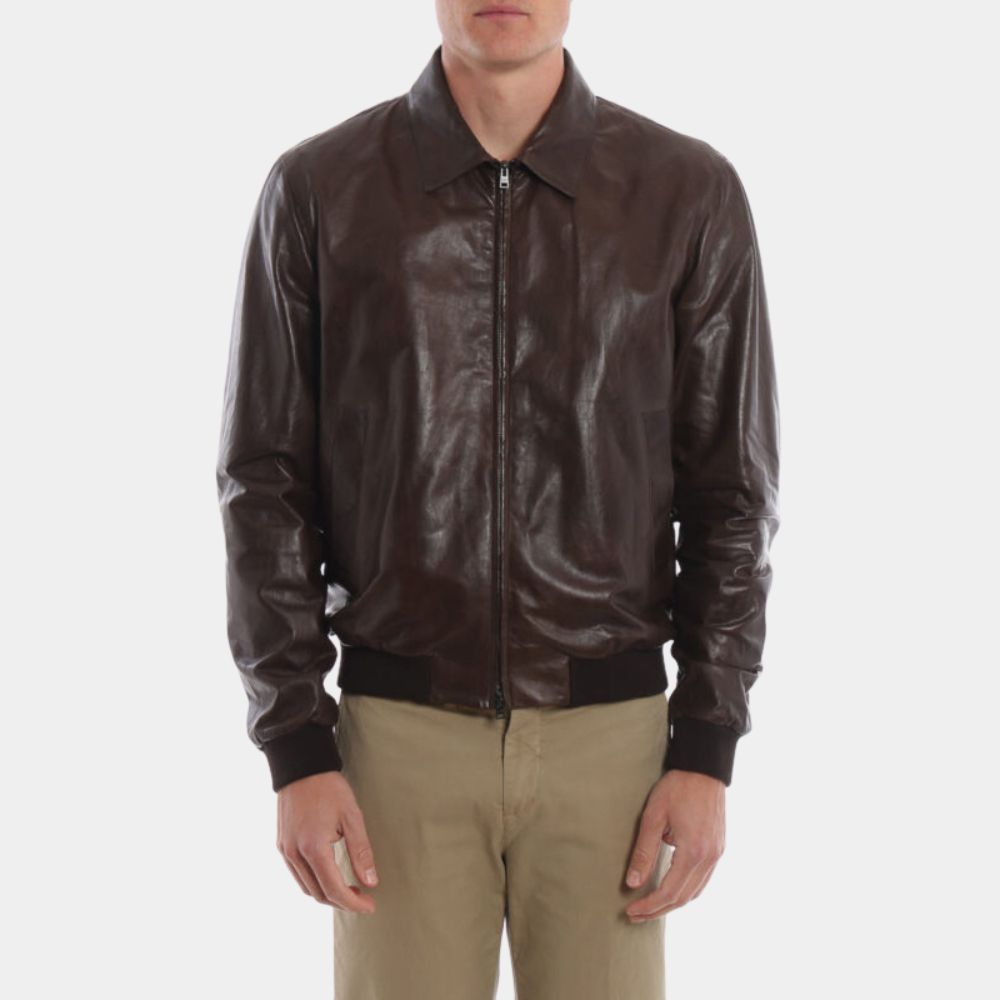 Happy Days Fonzie Tan Bomber Style Leather JacketHappy Days Fonzie Tan Bomber Style Leather Jacket - Front View