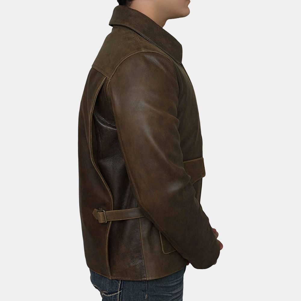 Harrison Ford Indiana Jones and the Dial of Destiny's Distressed Brown Leather Jacket - Side Close - Up View