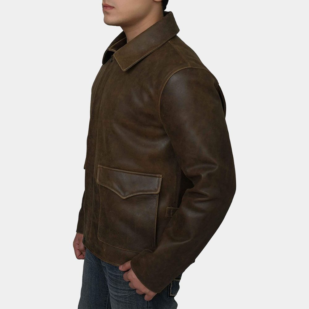 Harrison Ford Indiana Jones and the Dial of Destiny's Distressed Brown Leather Jacket - Side View