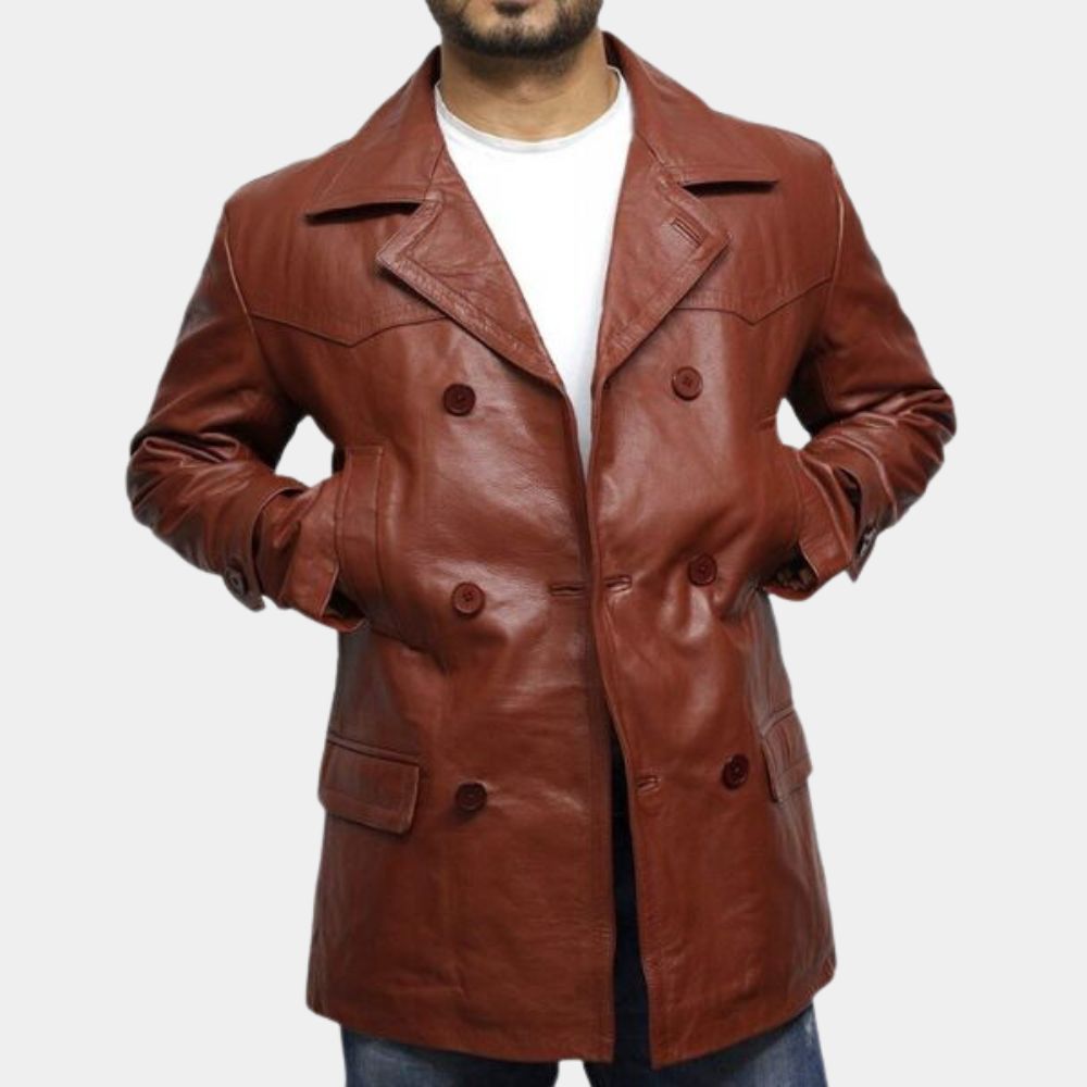 Haunted Mansion Brown Leather Pea coat - Front View