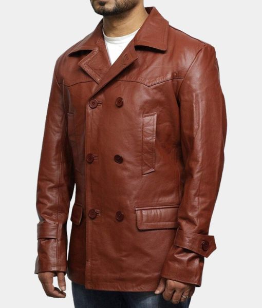 Haunted Mansion Brown Leather Pea coat - Side View