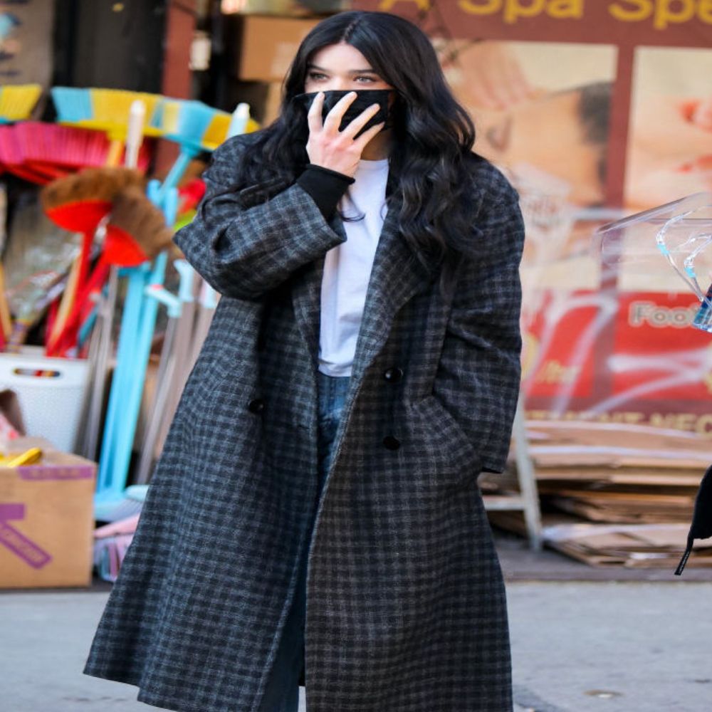 Hawkeye  Kate Bishop Hailee Steinfeld Double Breasted Plaid Wool Long Coat - Front Close - Up View
