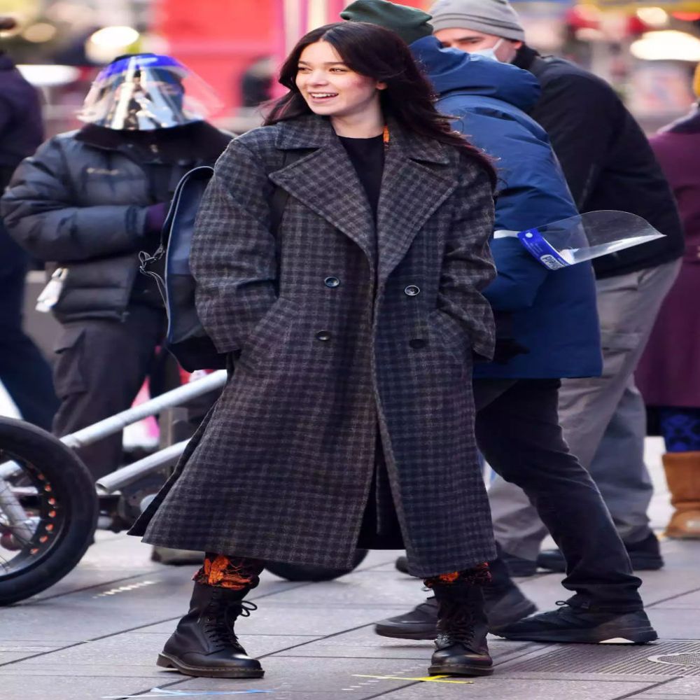 Hawkeye  Kate Bishop Hailee Steinfeld Double Breasted Plaid Wool Long Coat - Front Posture View