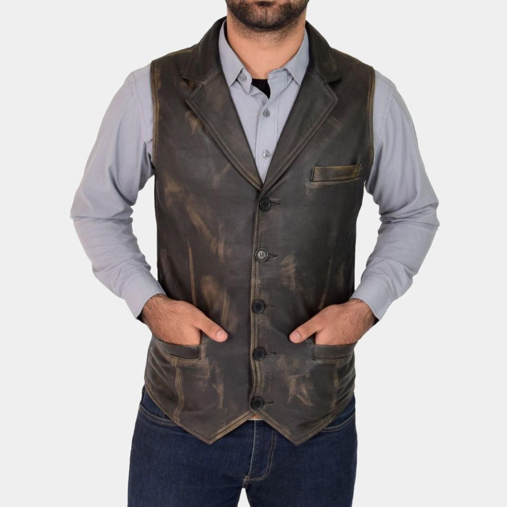 Hell on Wheel  Anson Mount Rub Off Vintage Western Brown Leather Vest - Front View