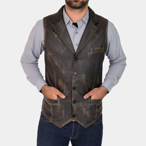 Hell on Wheel  Anson Mount Rub Off Vintage Western Brown Leather Vest - Front View